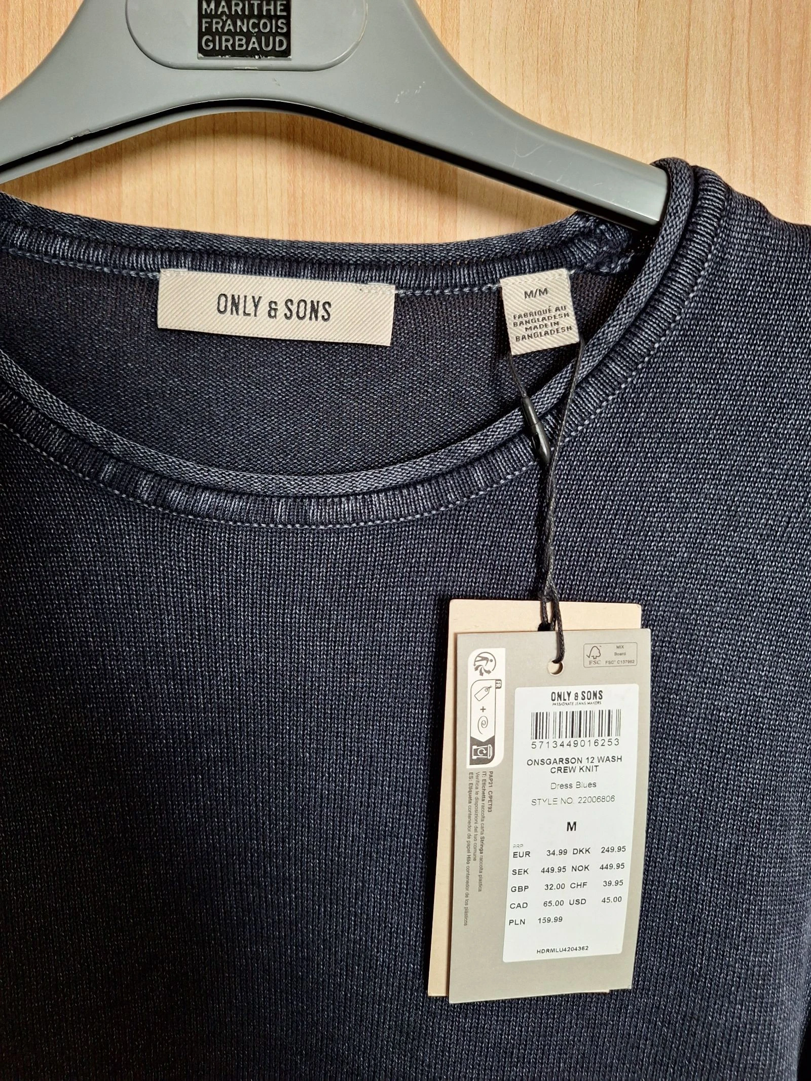 Suéter masculino azul marinho com efeito desbotado novo com etiqueta Only and Sons tamanho M – photo 4
